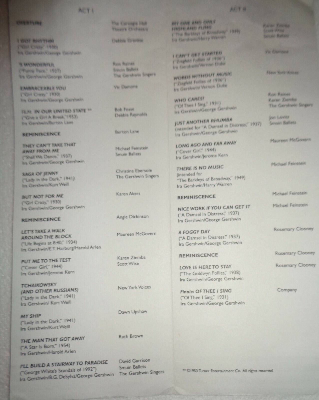 IRA GERSHWIN AT 100 - STAGEBILL & PROGRAM - DEC. 6, 1996 - CARNEGIE HALL
