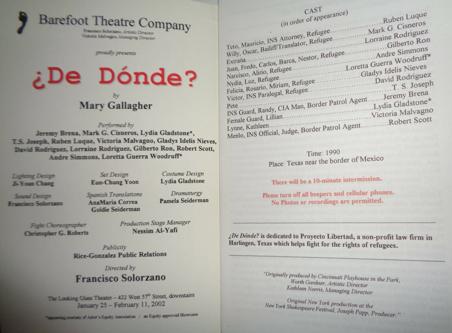 DE DONDE? - PROGRAM - NEW YORK: THE LOOKING GLASS THEATRE, 2002.
