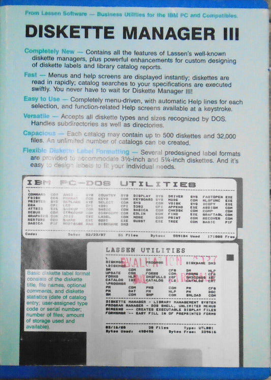 Diskette Manager III, by Lassen Software 1988 IBM  5.25" & 3.5" complete unused