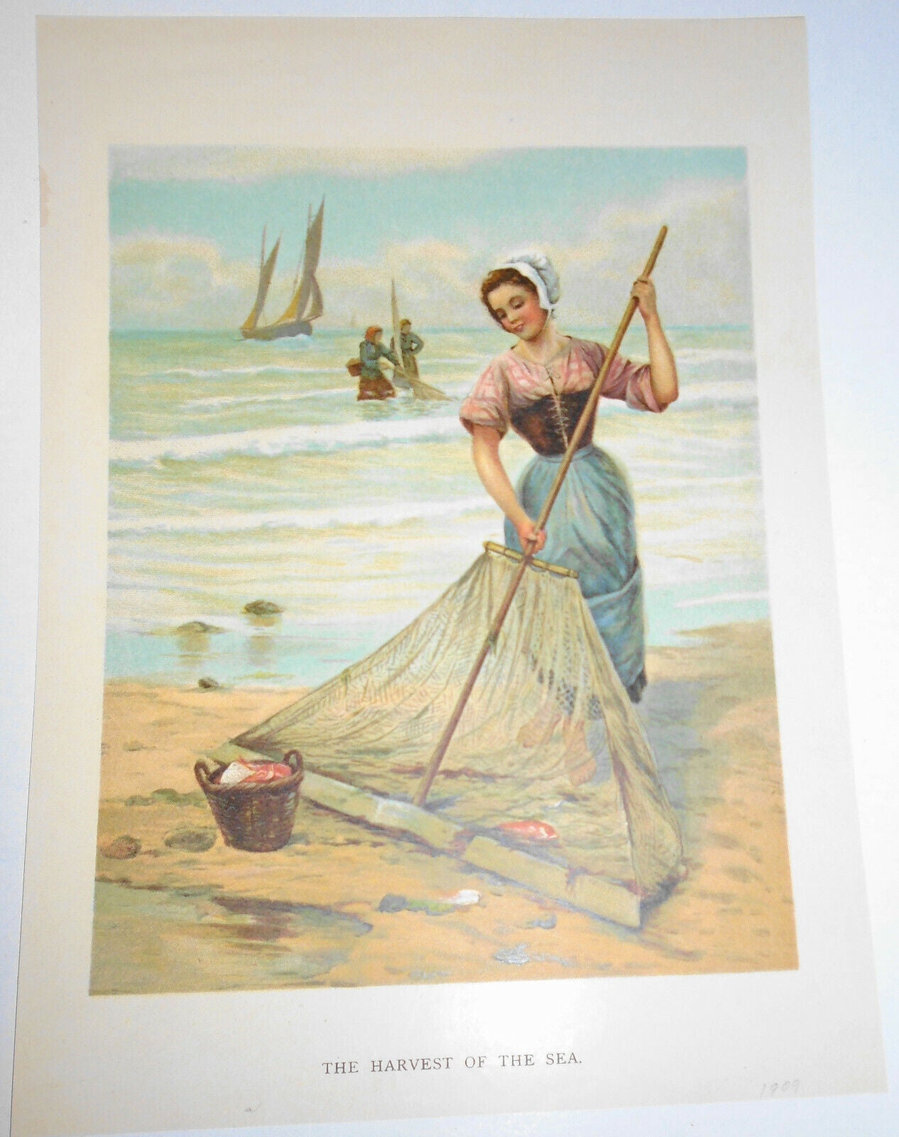 The Harvest Of The Sea - 1909, Color Lithograph, Woman with Fishing Net on Beach