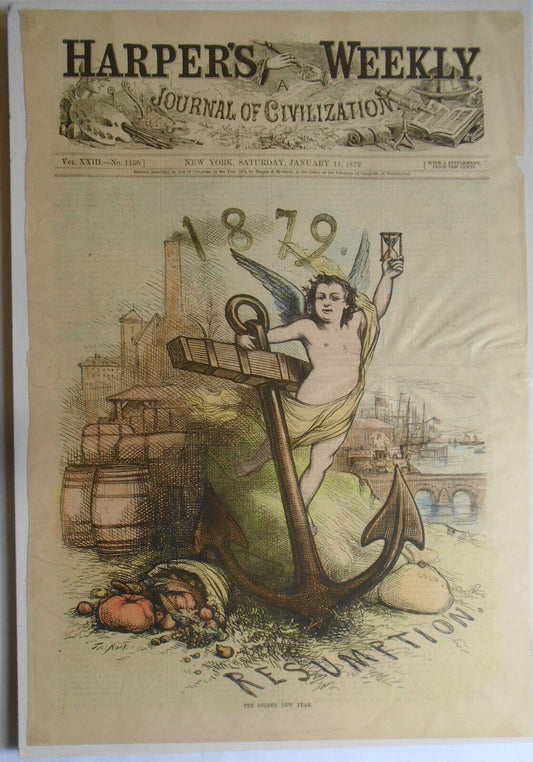 [Gold Standard] 1879 The Golden New Year, by Thomas Nast. Hand-colored original