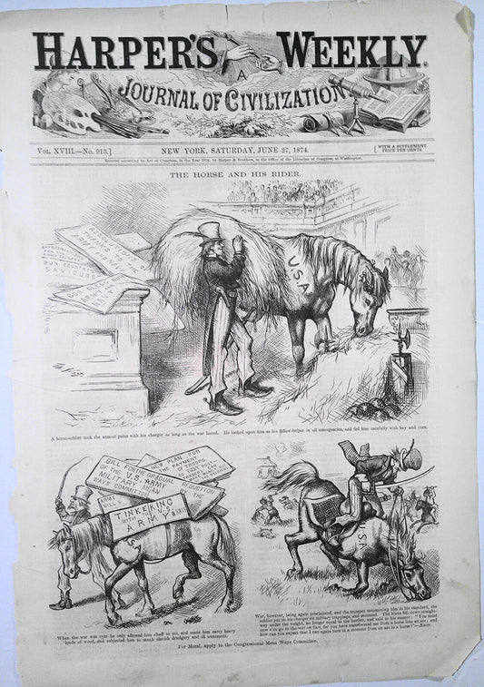 The Horse and His Rider - Harper's Weekly, June 27, 1874 - Front page - 3 prints