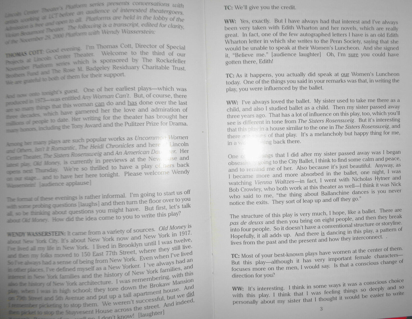 A CONVERSATION WITH WENDY WASSERSTEIN - PLATFORM #20 - Nov 2000 - LINCOLN CENTE