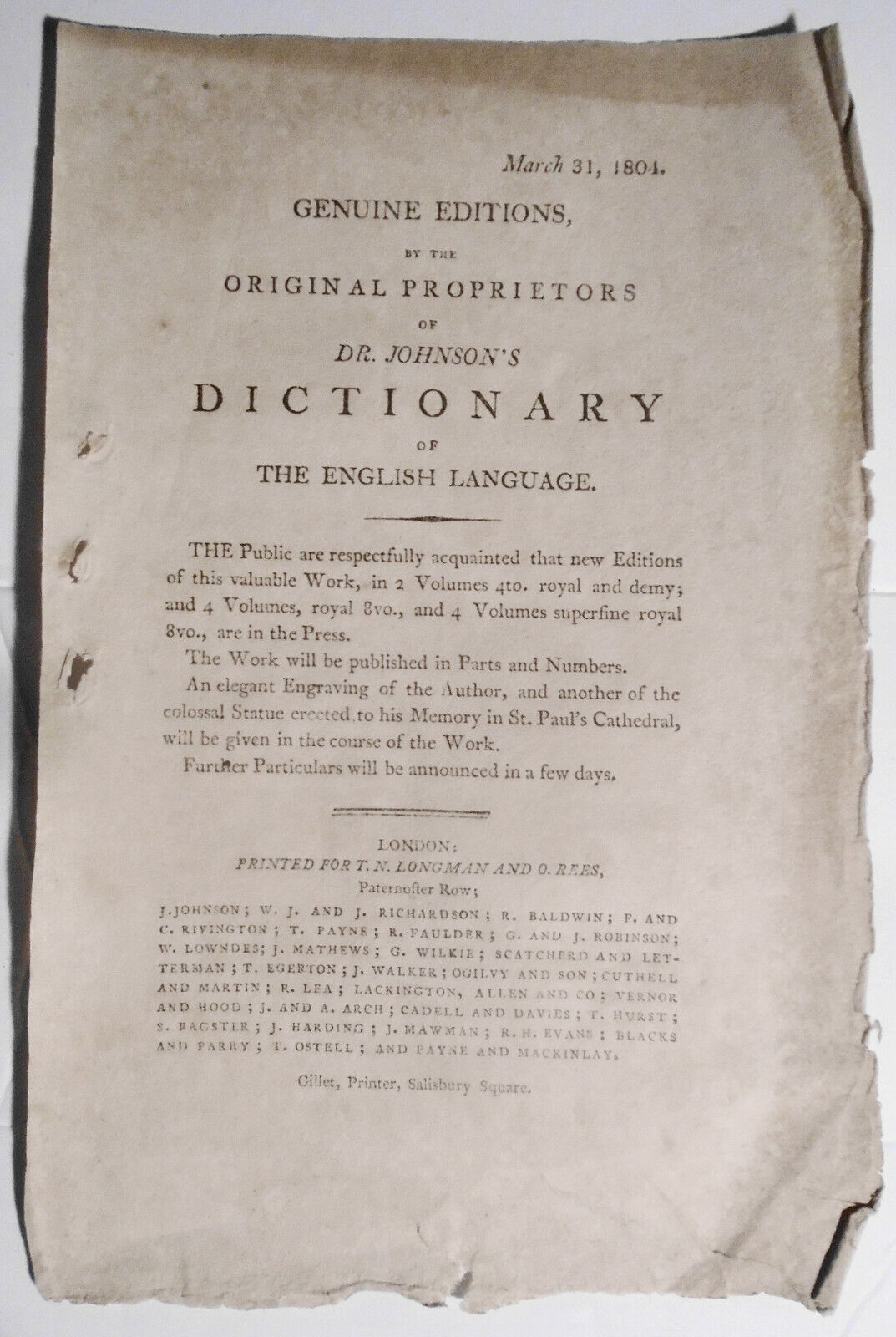 1804 Publisher's Prospectus for Dr. Johnson's Dictionary.