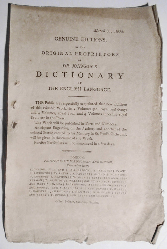 1804 Publisher's Prospectus for Dr. Johnson's Dictionary.