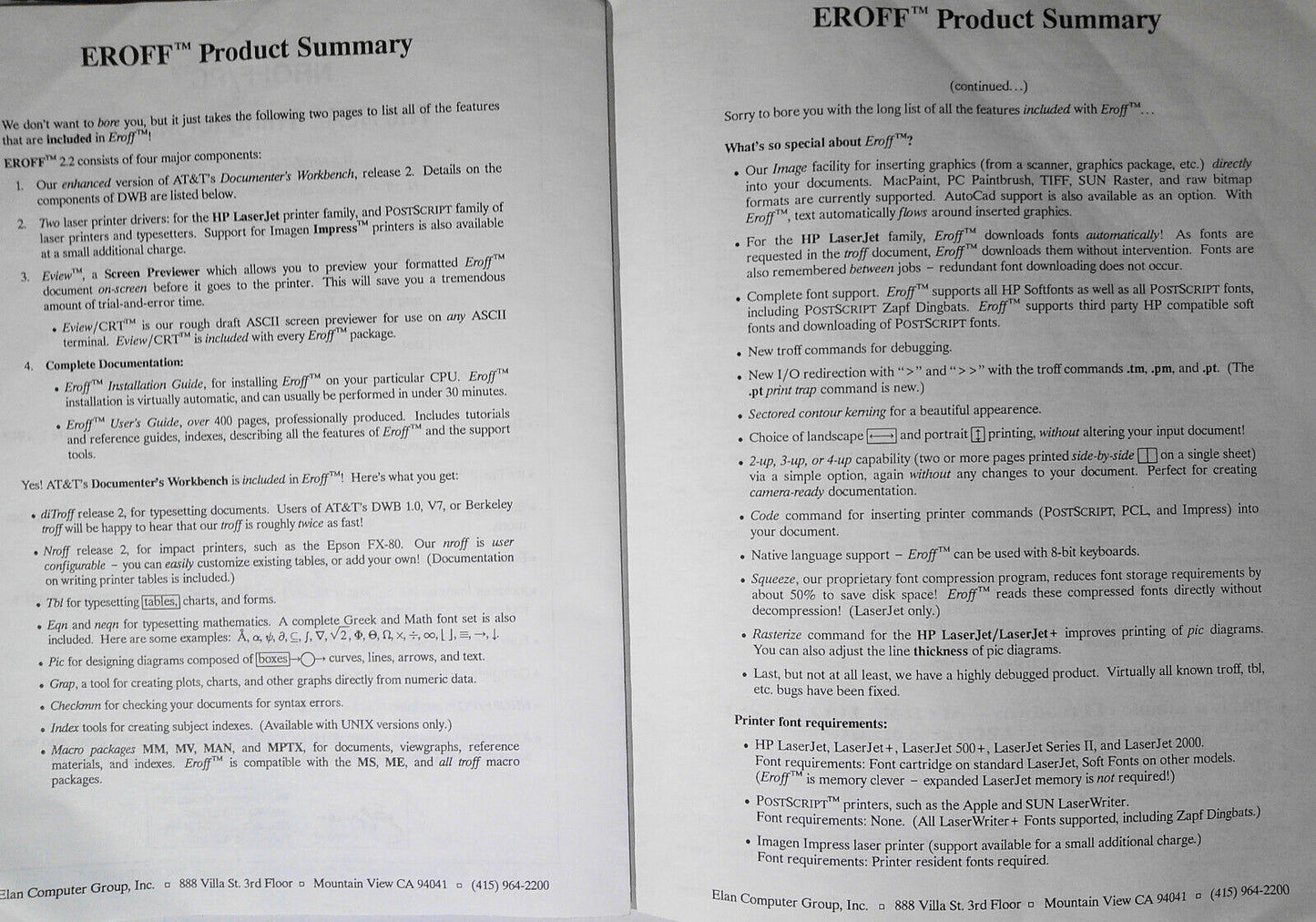 Eroff, by Elan Computer Group. 1989 UNIX Typesetting system Descriptive brochure