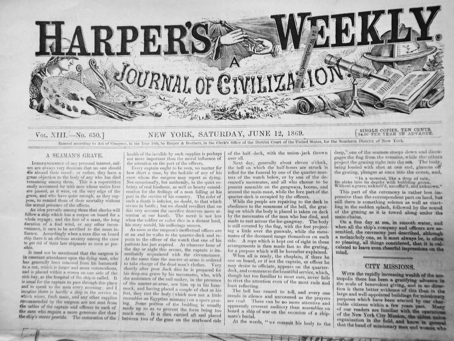 Harper's Weekly, June 12, 1869 - Sea burial ; Pilgrims on Plains; etc - Original