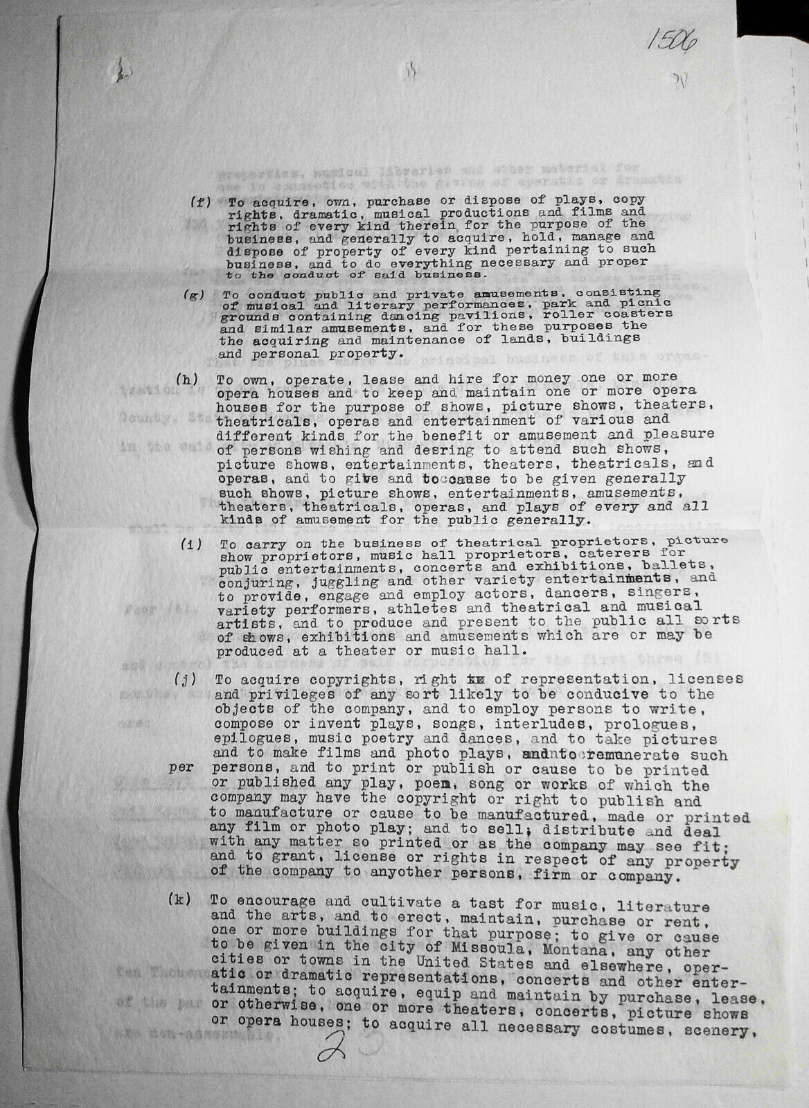 1913 "Missoula Amusement Company" Articles of Incorporation. Original documents.