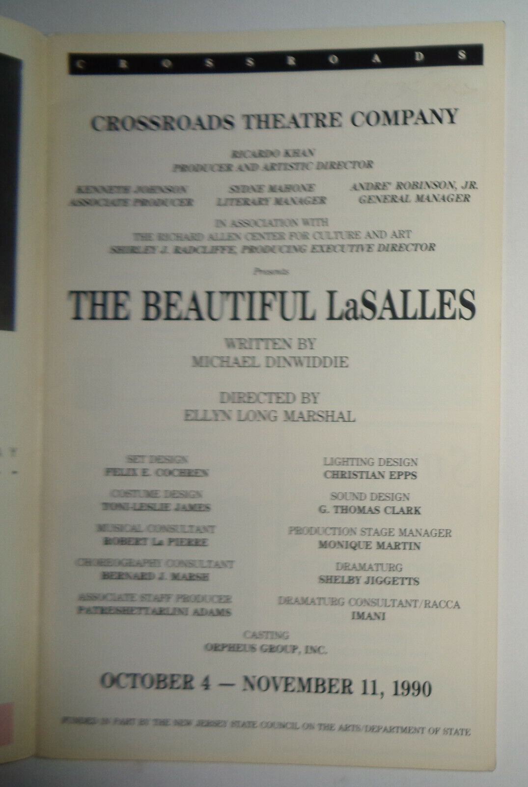 THE BEAUTIFUL La SALLES - PROGRAM - 1990 Crossroads Theatre Co New Brunswick, NJ