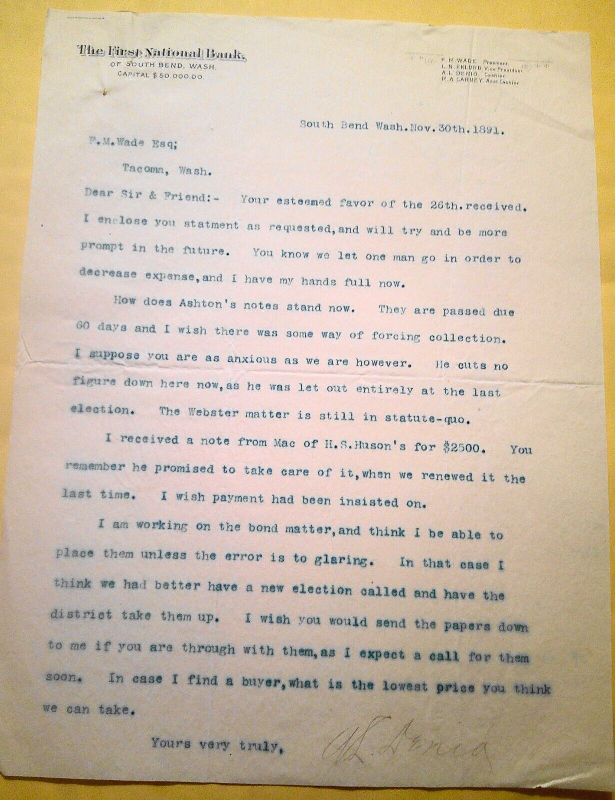 1891  Statement of Condition of First National Bank, of South West, Washington