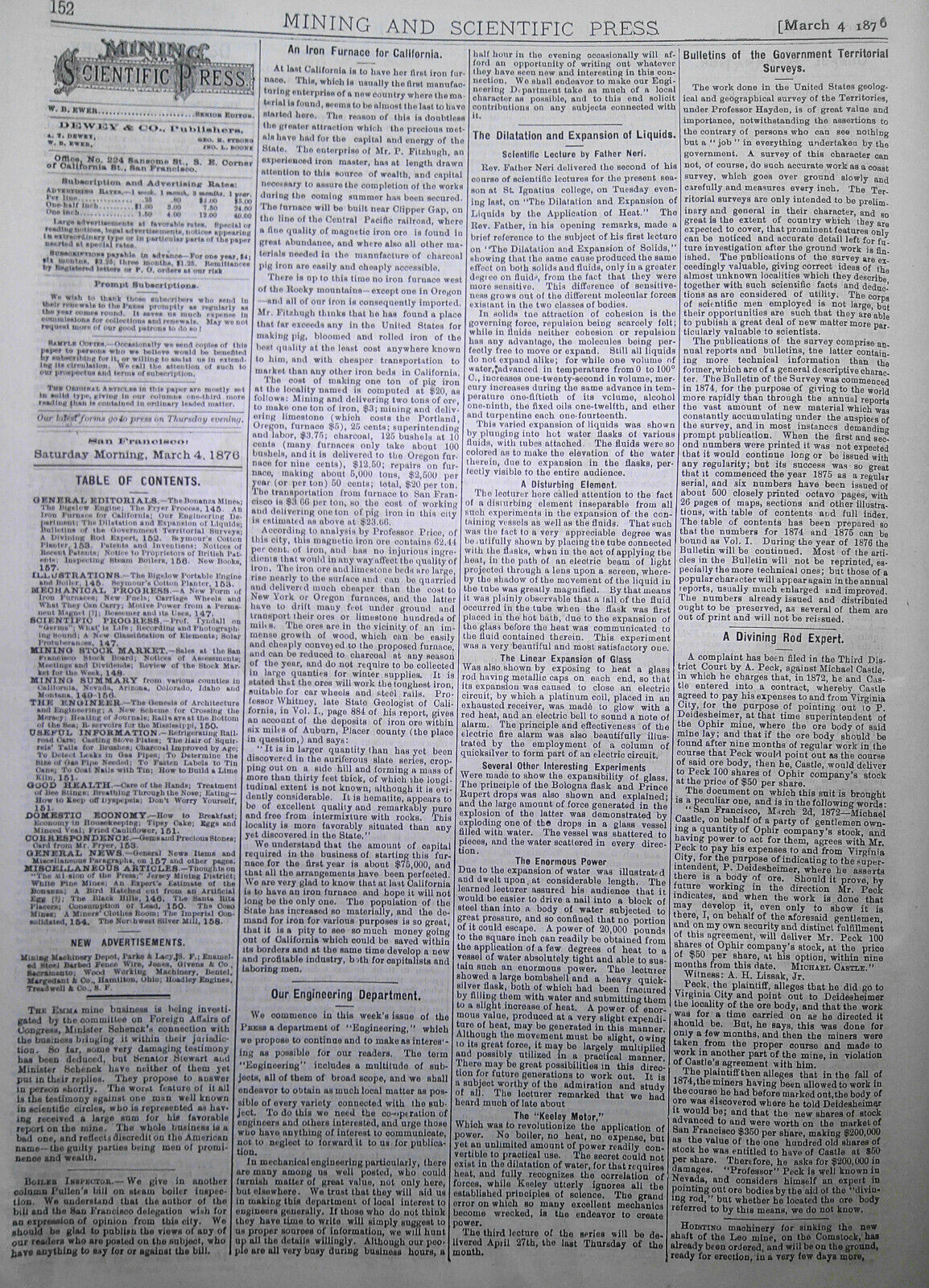 Mining and Scientific Press, March 4, 1876. Bonanza Mines; Bigelow Engine; etc