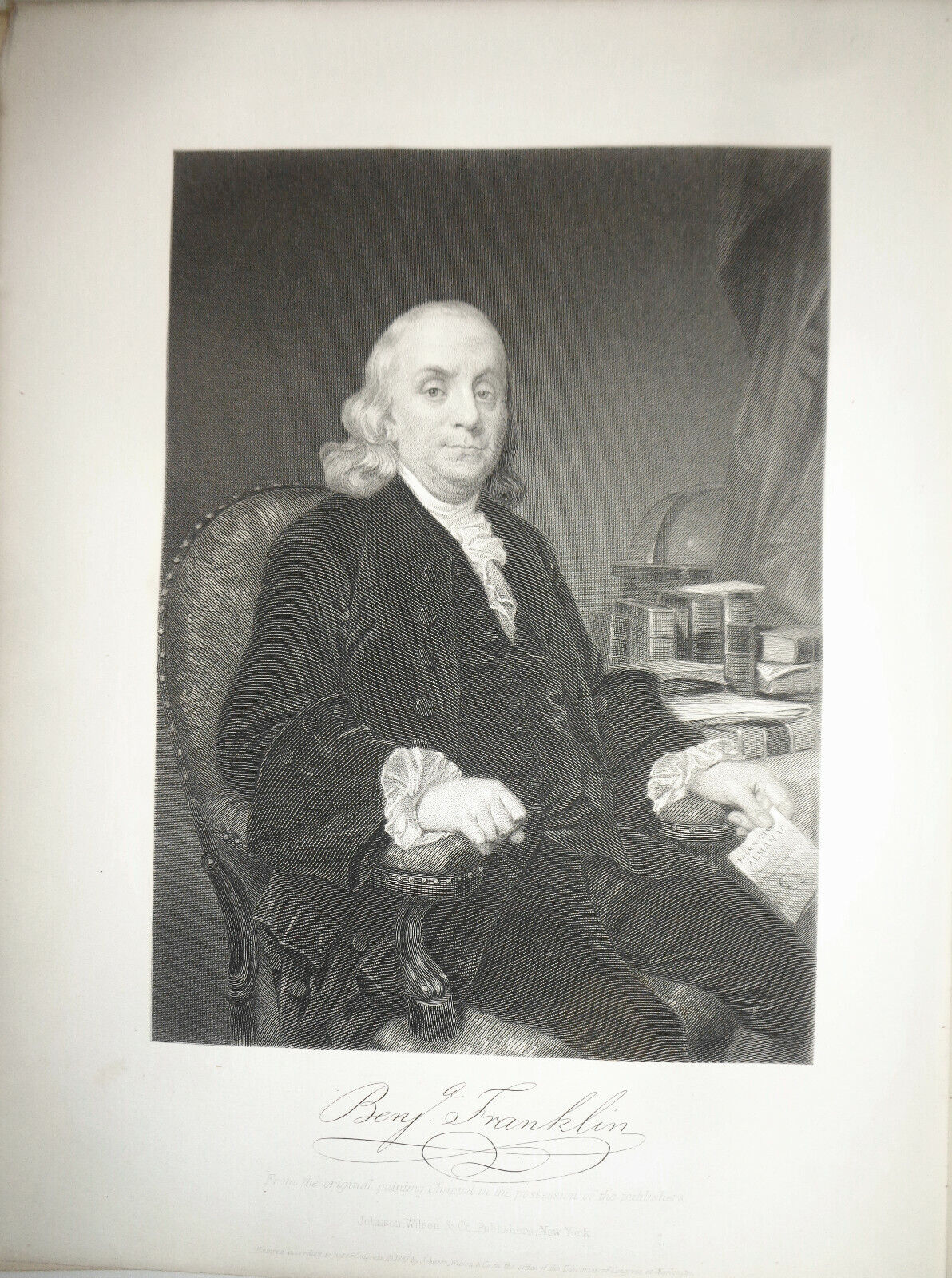 Benjamin Franklin - original portrait engraving - 1876 -Duyckinck Int'l Gallerie