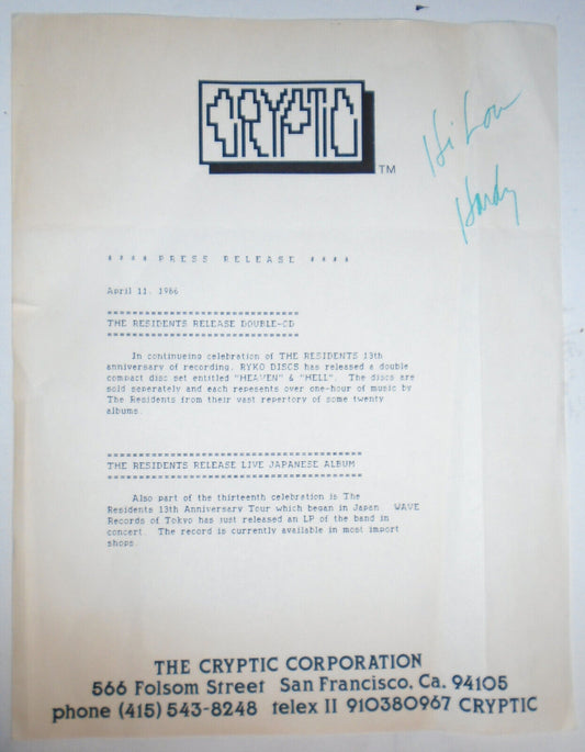 Hardy Fox SIGNED press release 1986 -  Residents co-founder - "Godfather Of Odd"