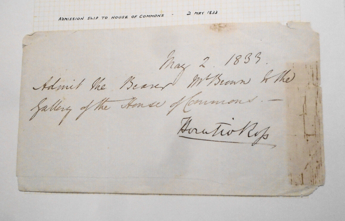 1833 original Admission slip to the House of Commons