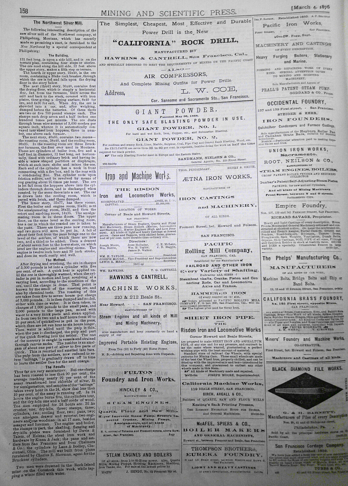 Mining and Scientific Press, March 4, 1876. Bonanza Mines; Bigelow Engine; etc