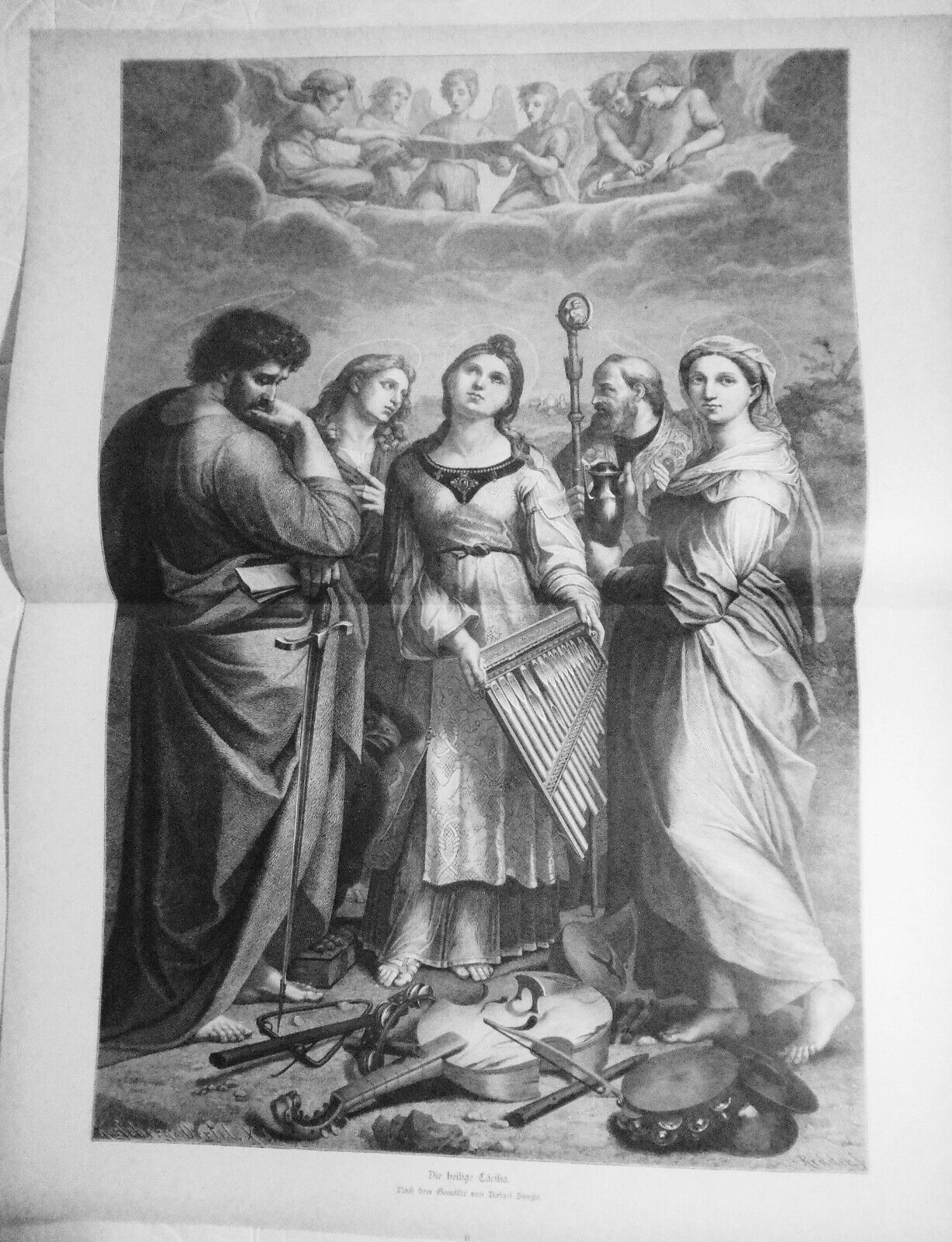 Die Heilige Cäcilia, by Rafael Sanzio  --  1884 Original print. 22 x 16 inches.
