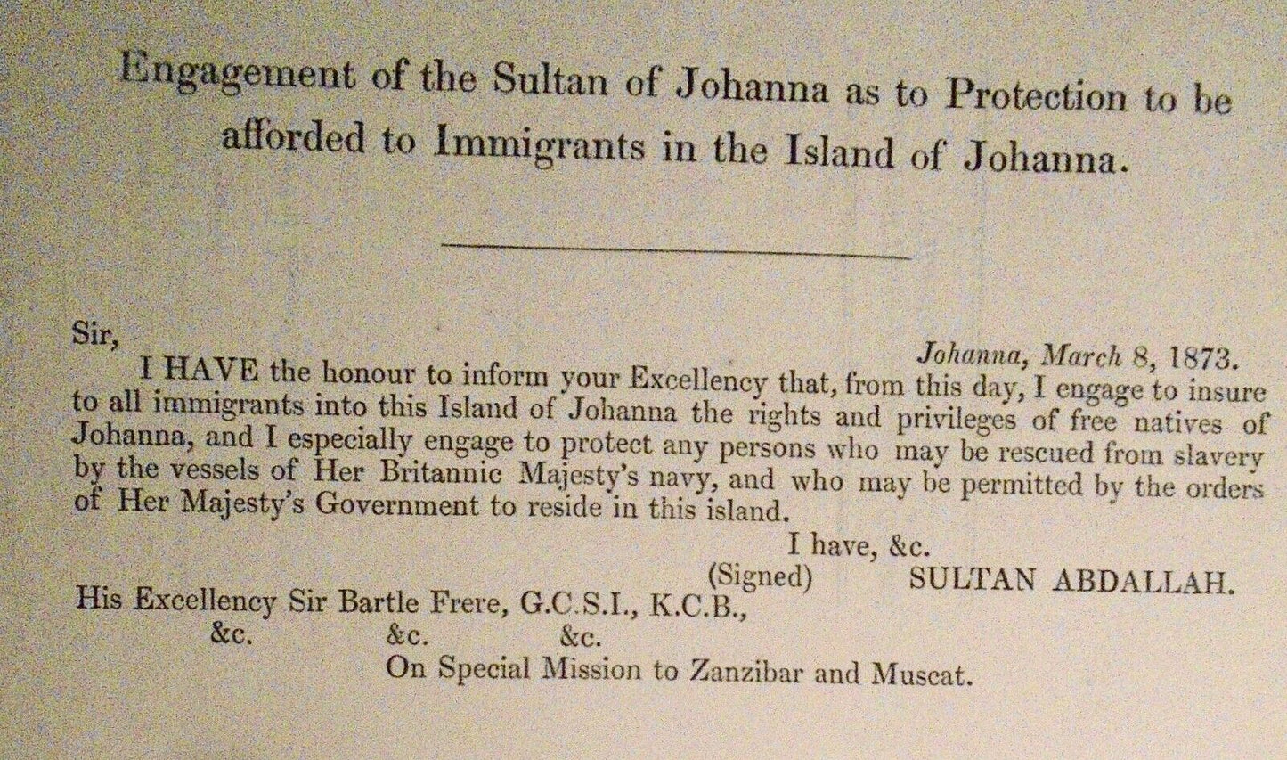 1874 [Slave Trade] Engagement of Sultan of Johanna in protection of  immigrants