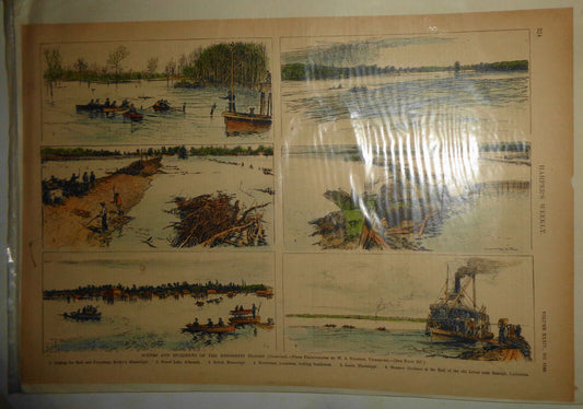 HARPER'S WEEKLY 1890 SCENES AND INCIDENTS OF THE MISSISSIPPI FLOODS Hand-colored