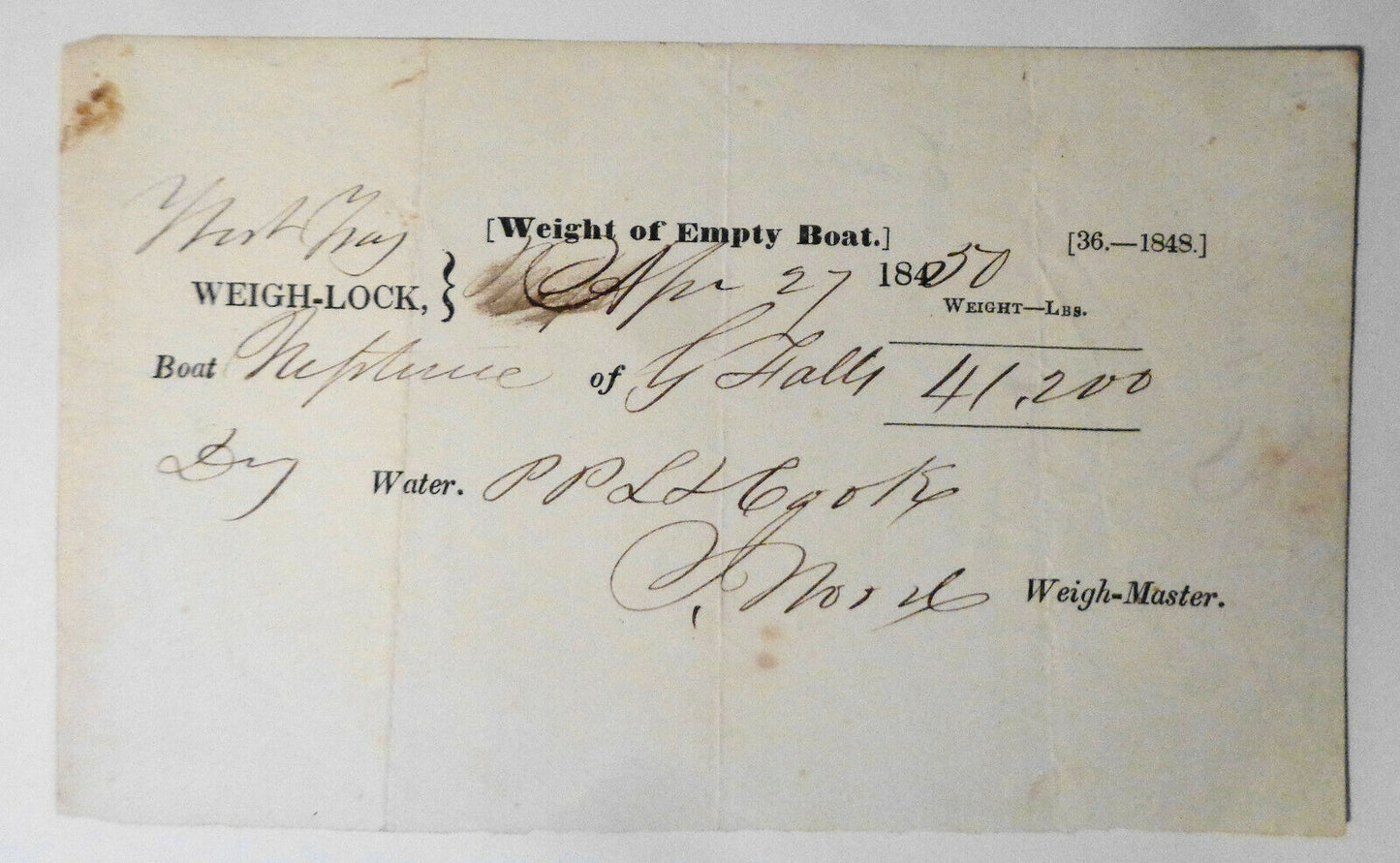 1850 "Neptune" of Glen Falls at West Troy - Weight of Empty Boat, document