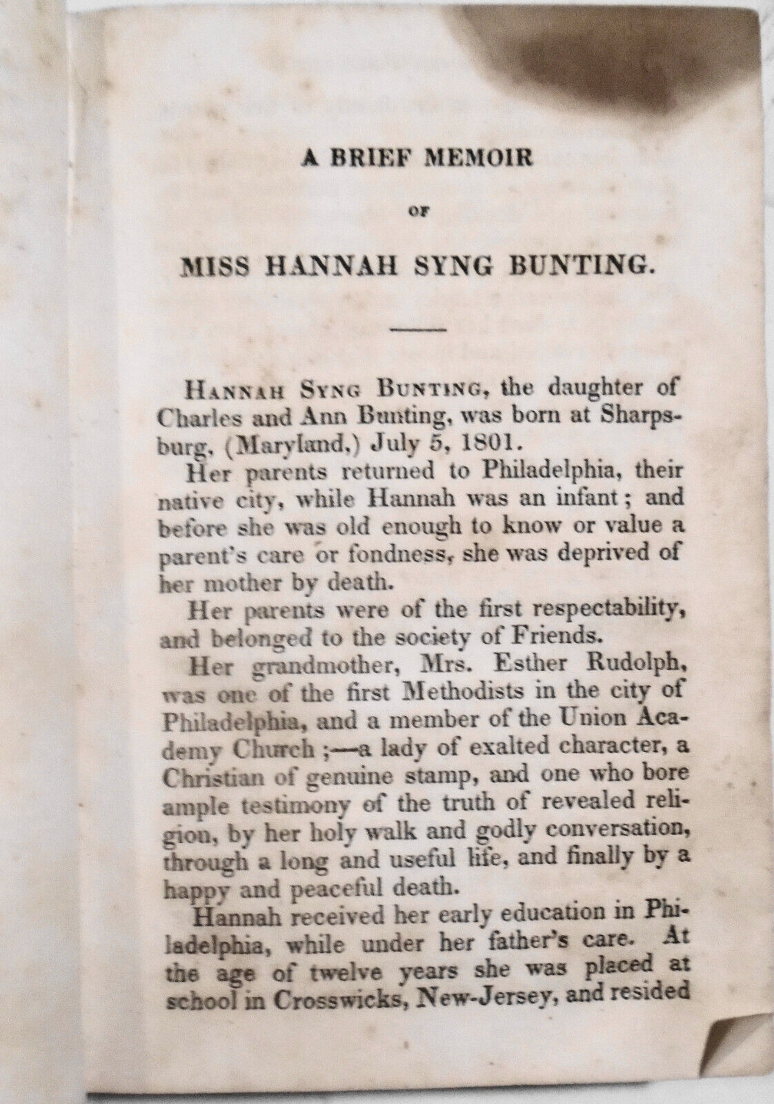 [Methodist women] 1833 Memoir, Diary & Letters of Hannah Syng Bunting by Merritt
