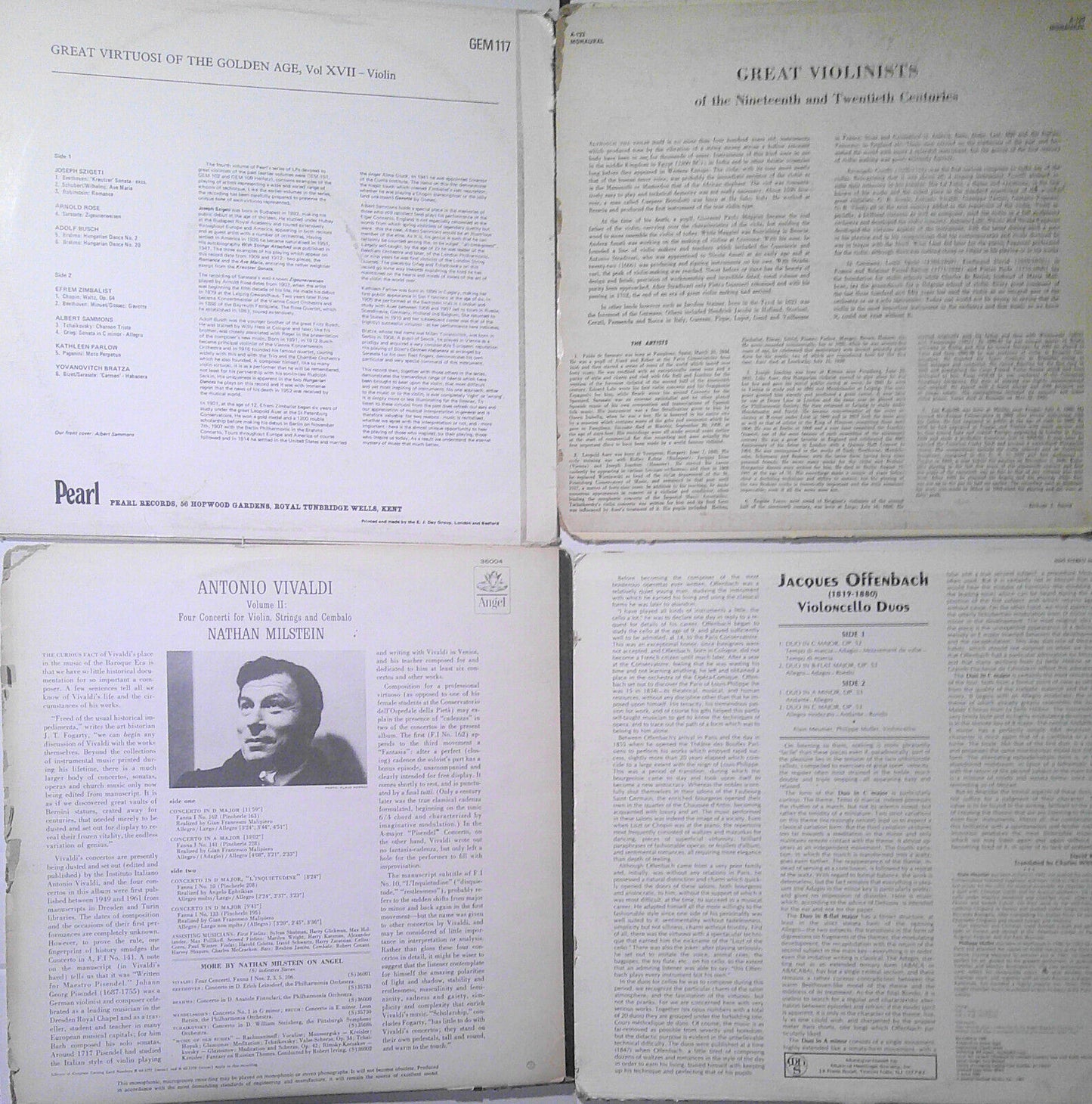 4 violin & cello vinyl LPs lot : Milstein, Szigeti, Meunier, de Sarasate, et al