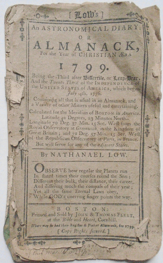 Nathaniel Low: Astronomical diary: or almanack for 1799, Boston