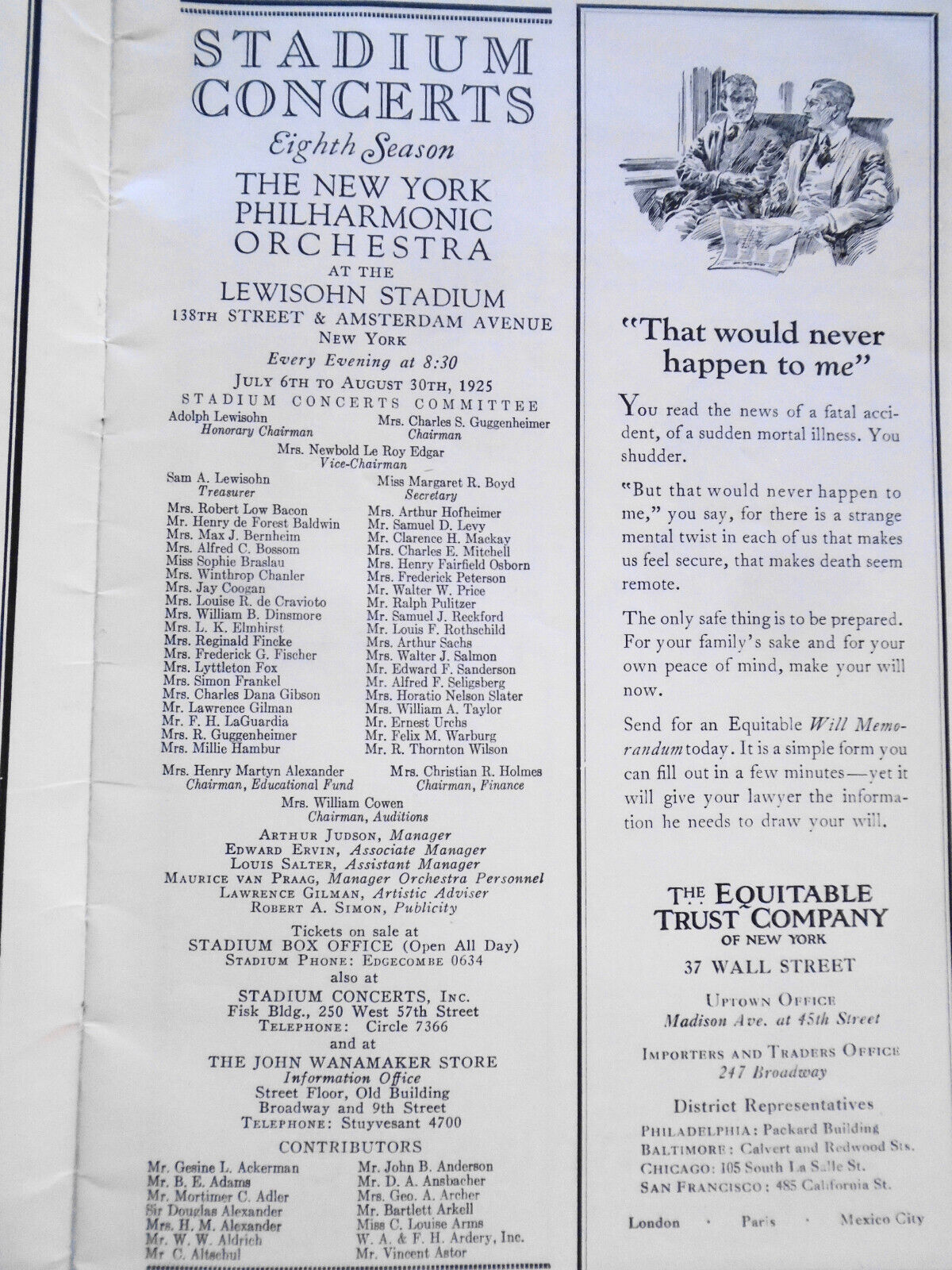 Stadium Concerts - New York Philharmonic, 1925 Program. Nikolai Sokoloff