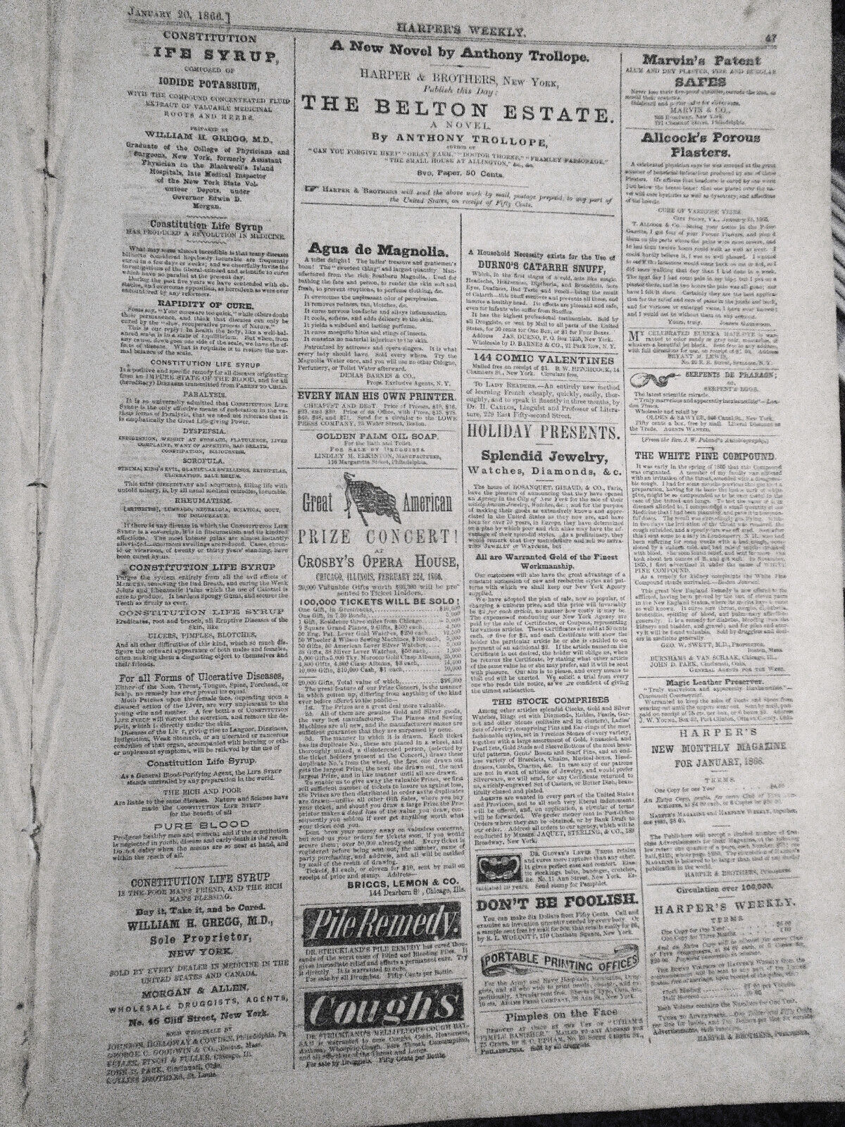 Harper's Weekly January 20, 1866 - American Beauty; Forger Ketchum; etc ORIGINAL