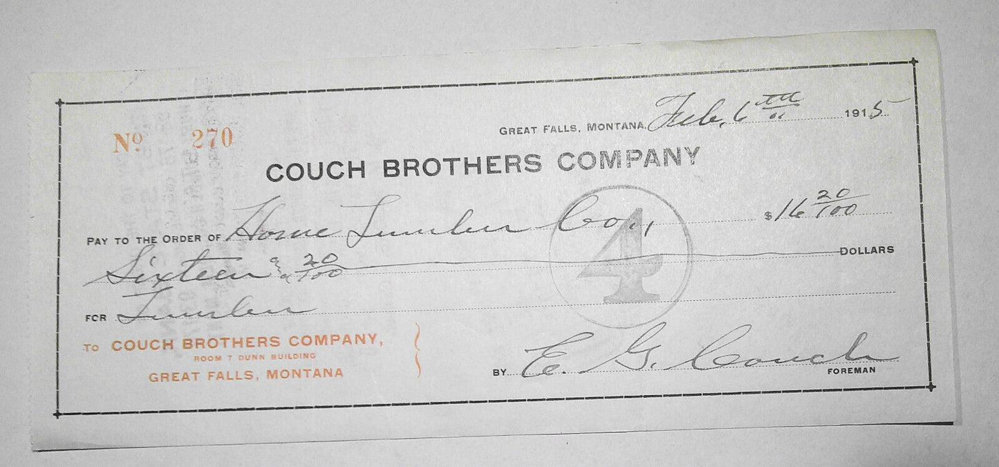 1915 - 2 checks of Couch Brothers Company, Great Falls, Montana.