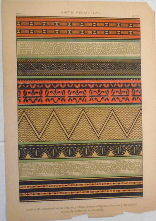 Arte Primitivo: Motivos de ornamento en Oceania y Africa - litho ca 1890, J Aleu