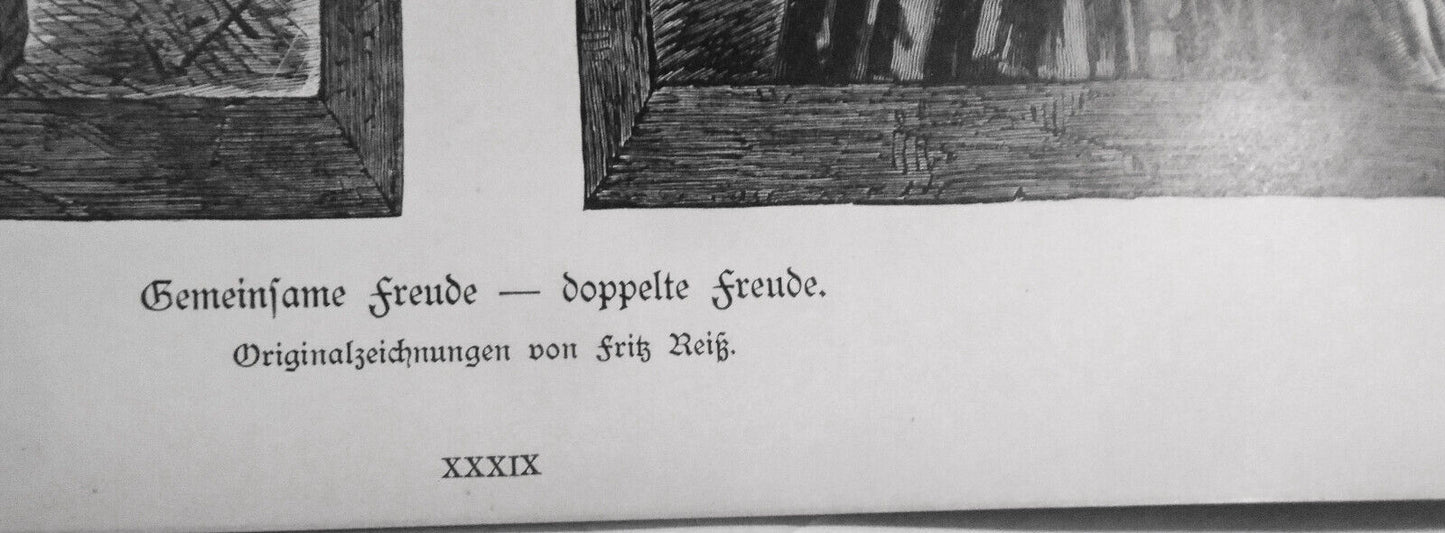 Gemeinsame freude - Doppelte freude, by Fritz Reiß - 1884 Original antique print