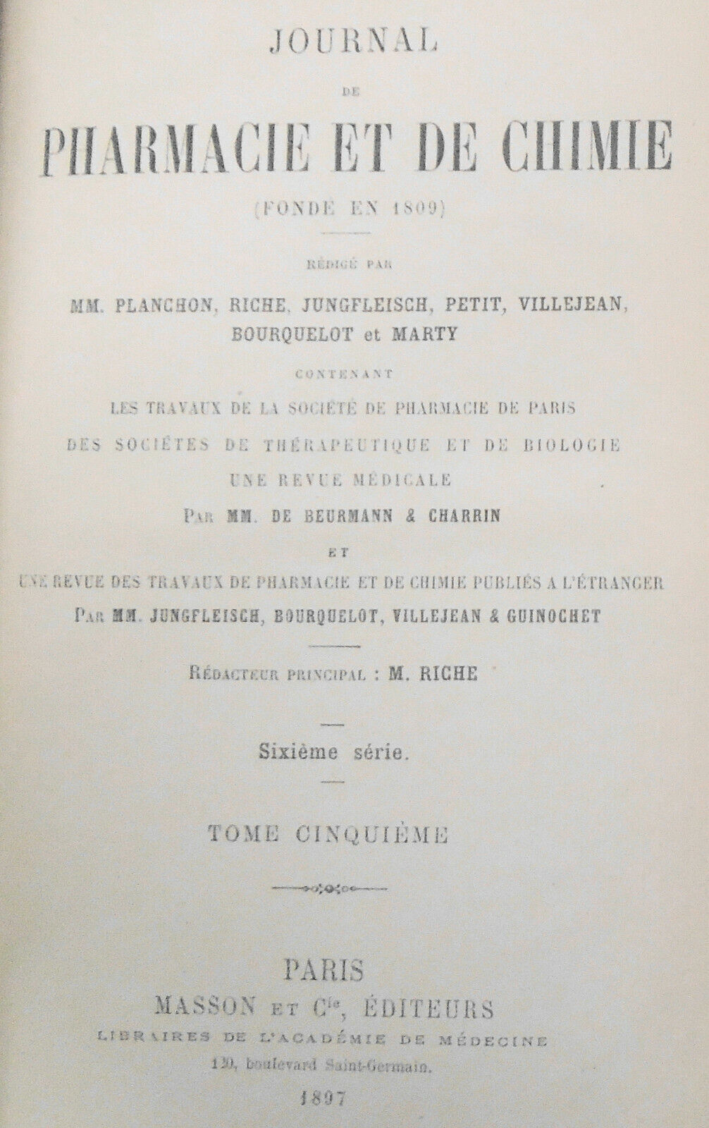 1897 Journal De Pharmacie Et De Chimie - 6th Series, Vol 5