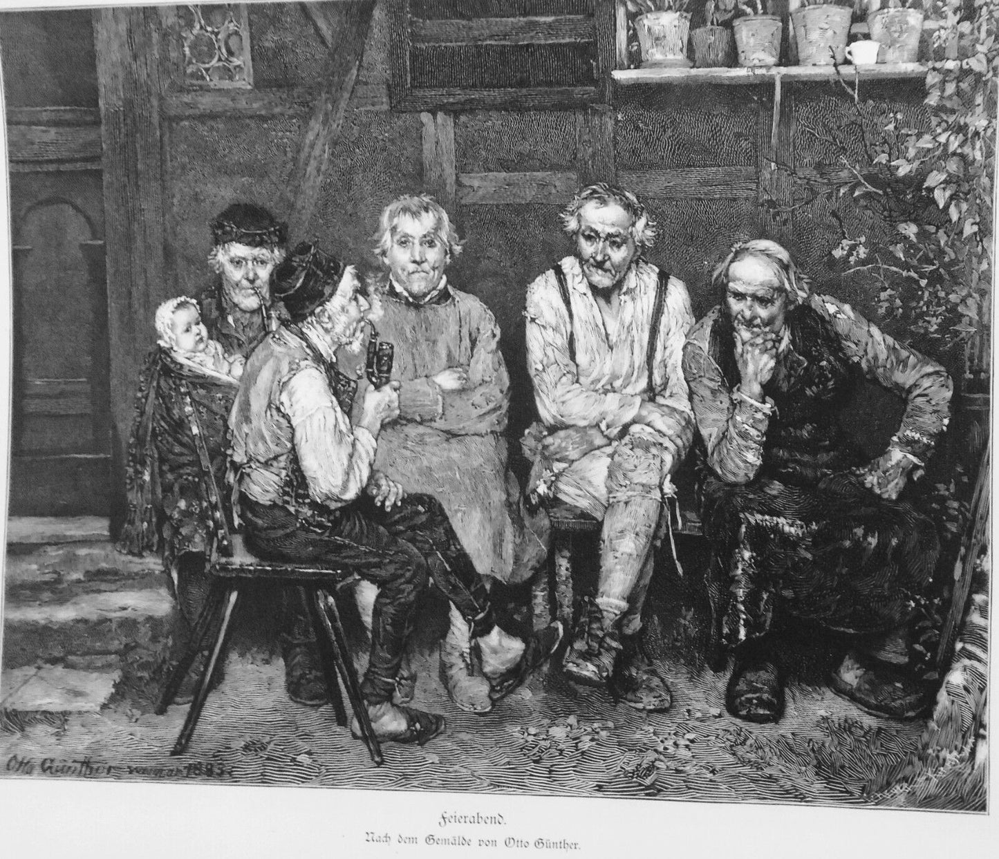 Feierabend, von  Otto Gunther  - 1886 - Original antique print.  [After work]