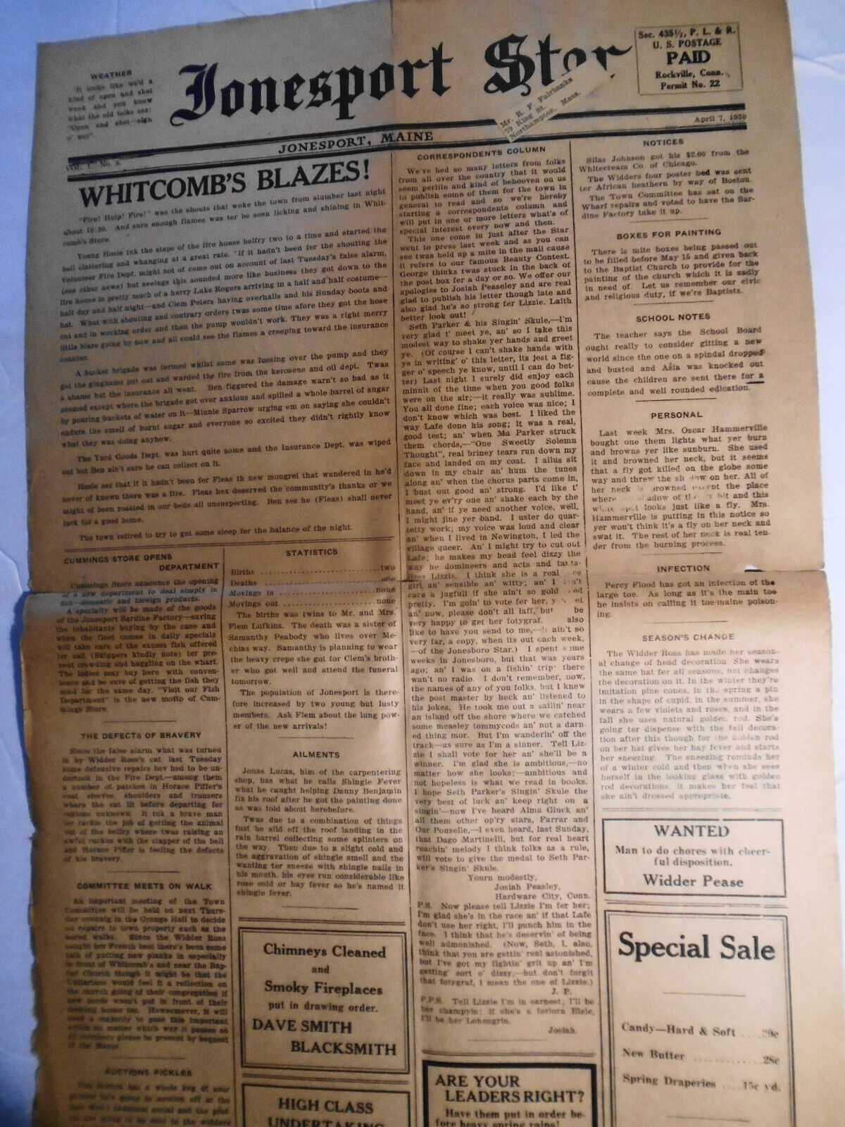 Jonesport Star, April 7, 1930. Vol. 1, No. 5  -  Whitcomb's Blazes...