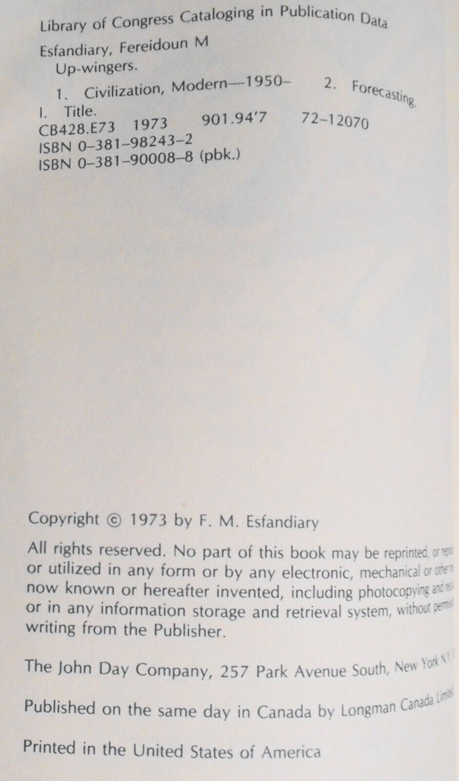 Up-Wingers: A Futurist Manifesto: F. M. Esfandiary -  1st thus Edition 1973