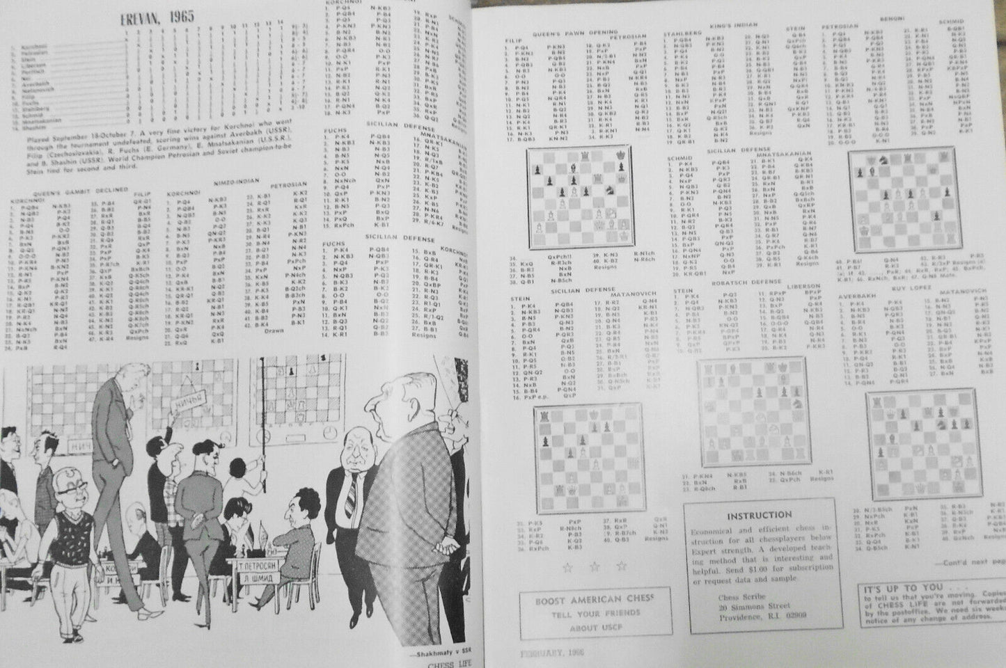 Chess Life, February 1966 -  Petrosian; Spassky-Tal match, Erevan 1965, etc..