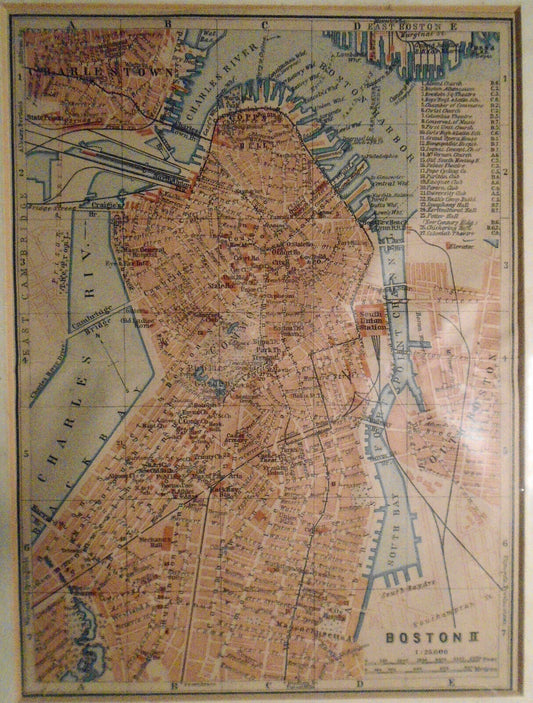 Boston 1909 original antique map. Lithograph. Baedeker / Wagner Debes