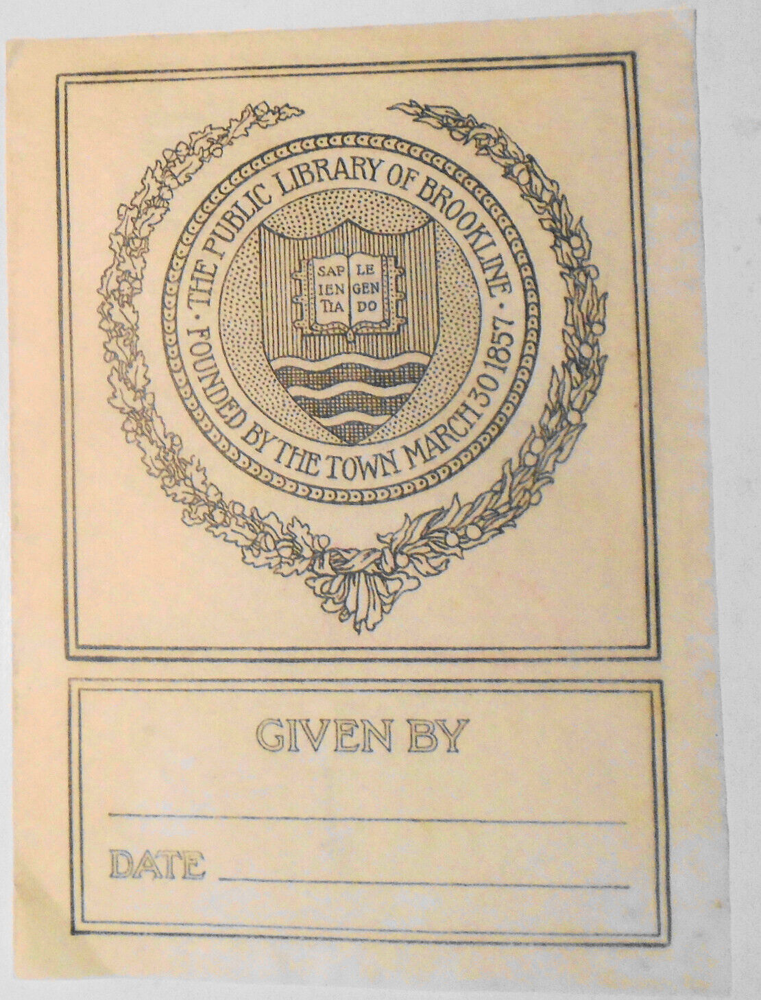 The Public Library of Brookline, Ex Libris Bookplate - circa 1900