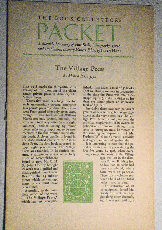 Book Collector's Packet June 1938 - The Village Press, by Melbert Cary, Jr., etc