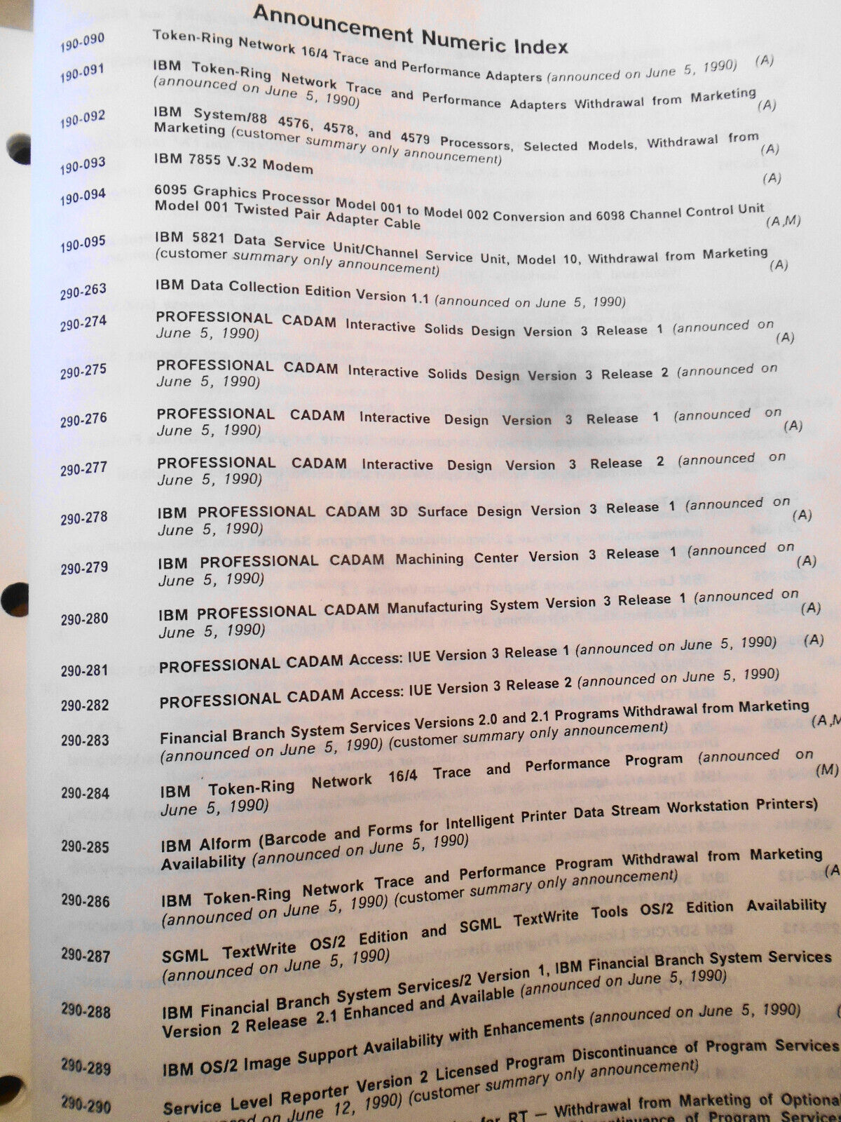 IBM Announcement Letter Summary, June 19, 1990 : System/370; AIX; Token-ring etc
