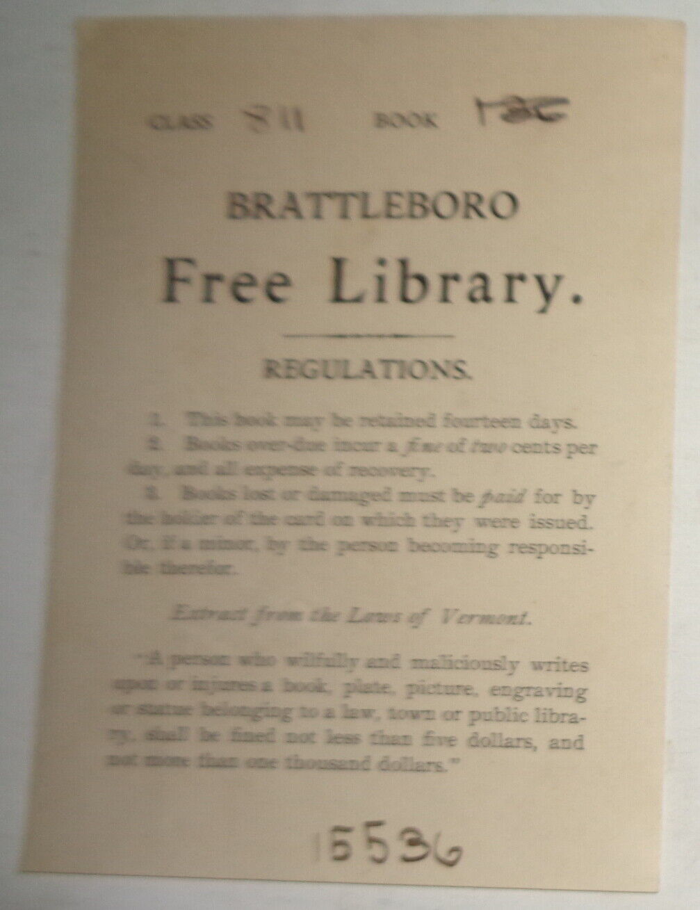 Brattleboro Free Library, Regulations Bookplate