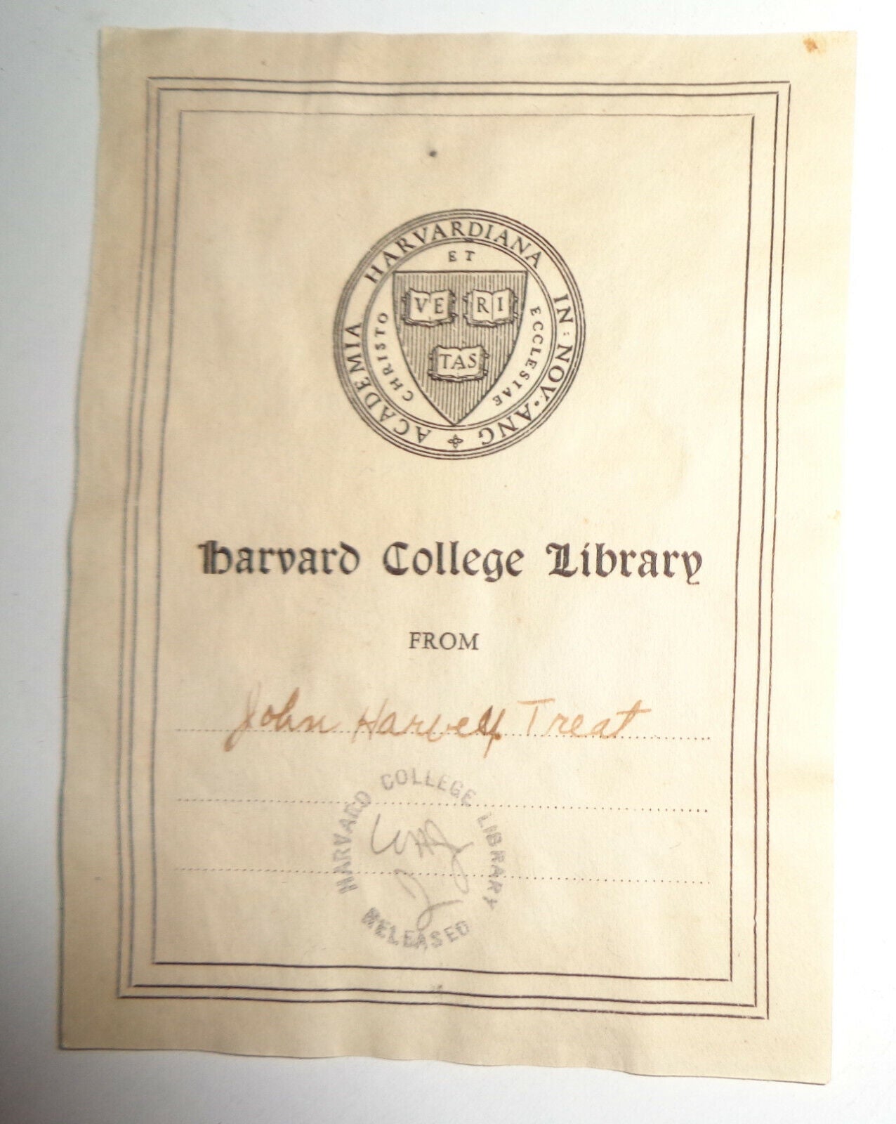 Harvard College Library Gift Bookplate - 19th century - John Harvey Treat