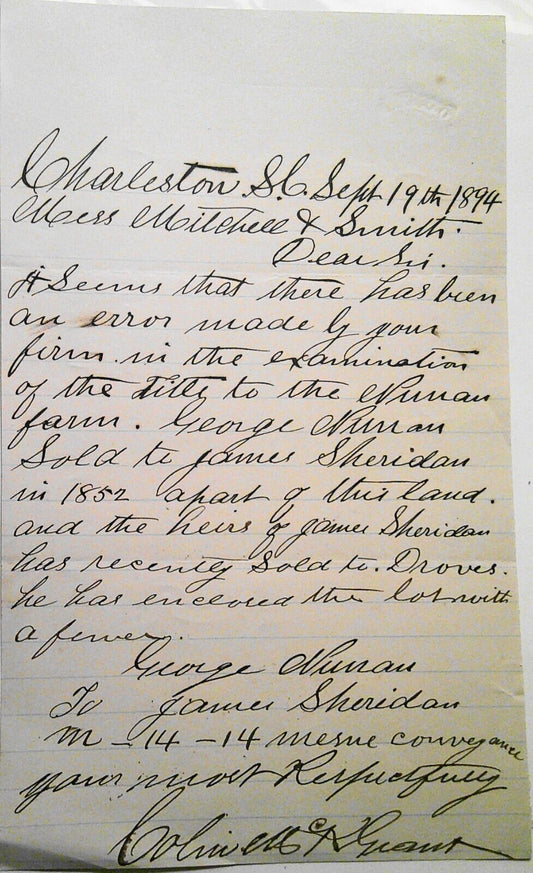 1894 Charleston, SC - George Nunan to Mitchell & Smith re James Sheridan land