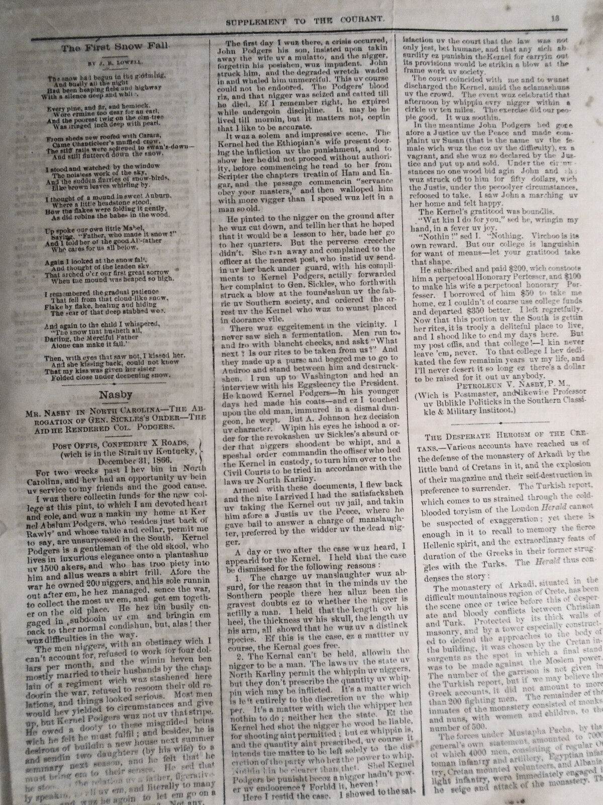 Supplement To Connecticut Courant, January 26, 1867 - Mr Nasby in North Carolina