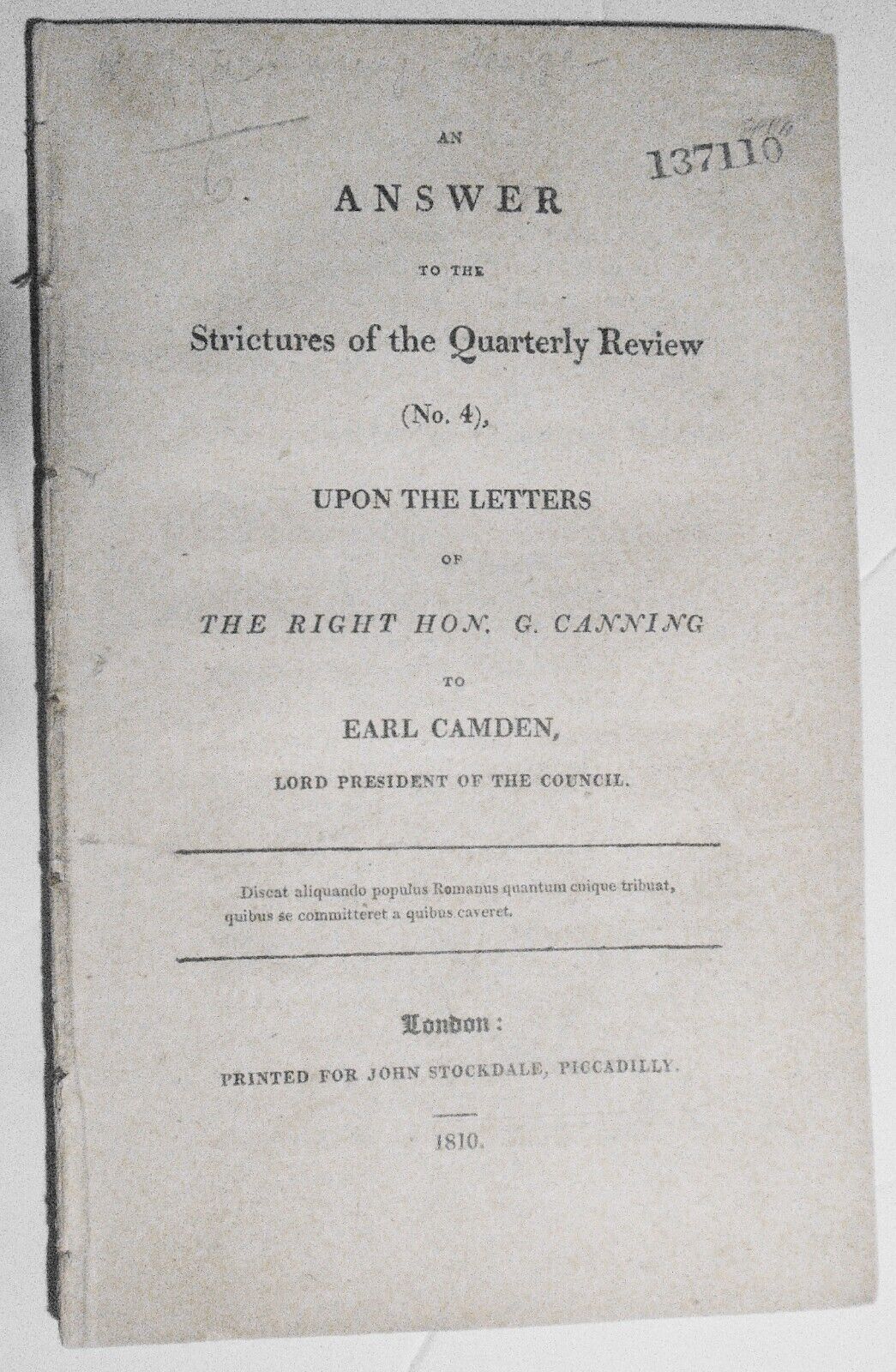1810 An Answer To The Strictures Of The Quarterly Review (N. 4) Canning & Camden