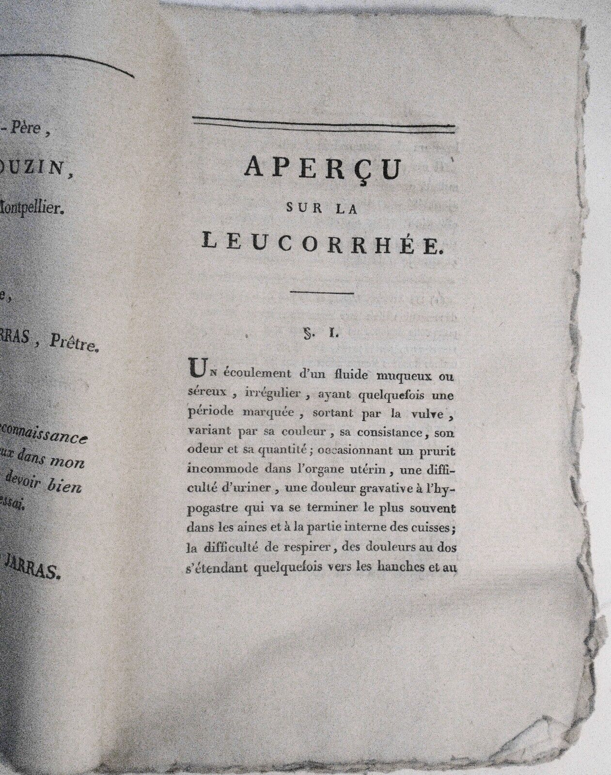 1808 Aperçu sur la leucorrhée: tribut présenté... à Montpellier - H. Jarras