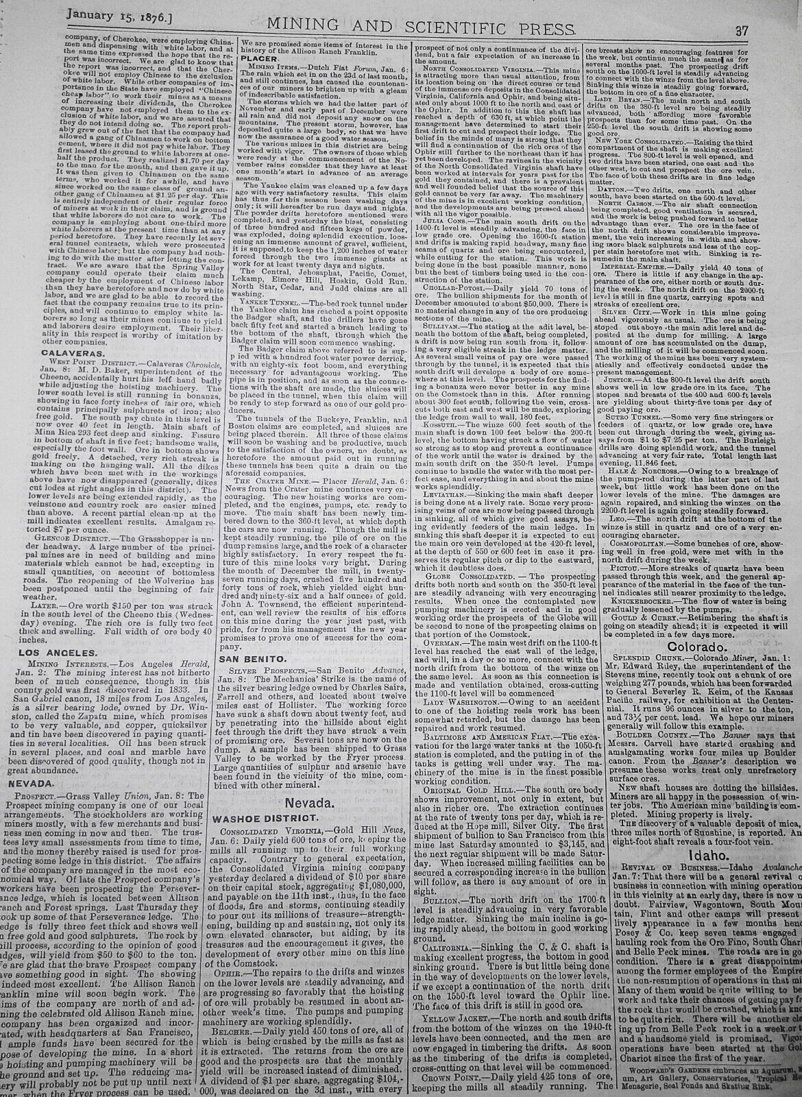 Mining and Scientific Press January 15, 1876. Yellowstone Lake; Colorado Bullion