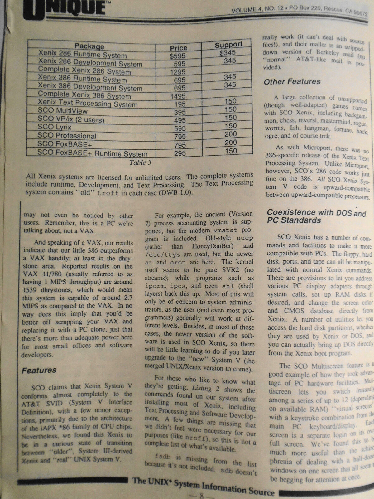 UNIQUE: The UNIX System Information Source  Nov. 1987 - 386 Wars; SCO, Microport