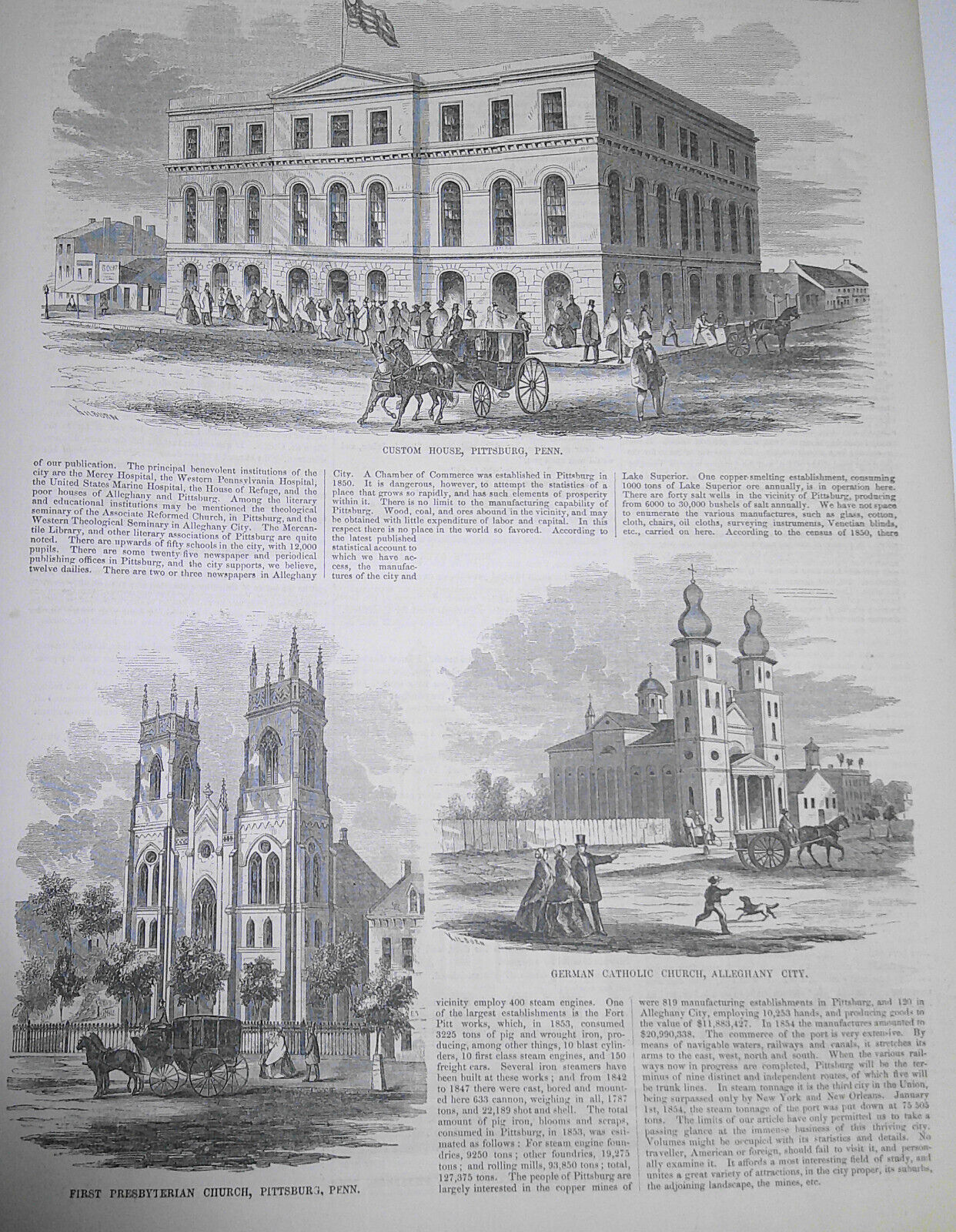 Views in Pittsburg, PA - Story & 6 Prints - Ballou's Pictorial February 21, 1857