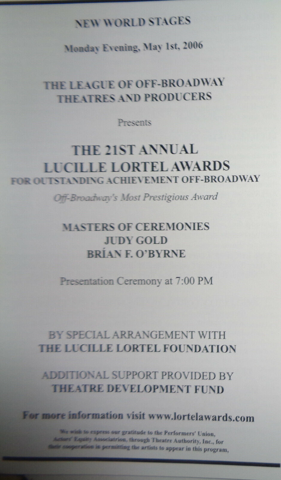 THE 21ST ANNUAL LUCILLE LORTEL AWARDS - PROGRAM - MAY 2006 - Wendy Wasserstein